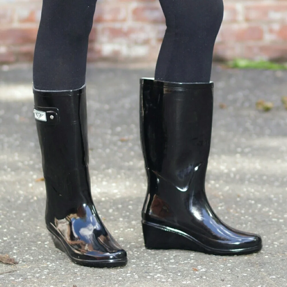 Women's Rainboots, Tall Wedge Rain Boots, RB-3100, Black